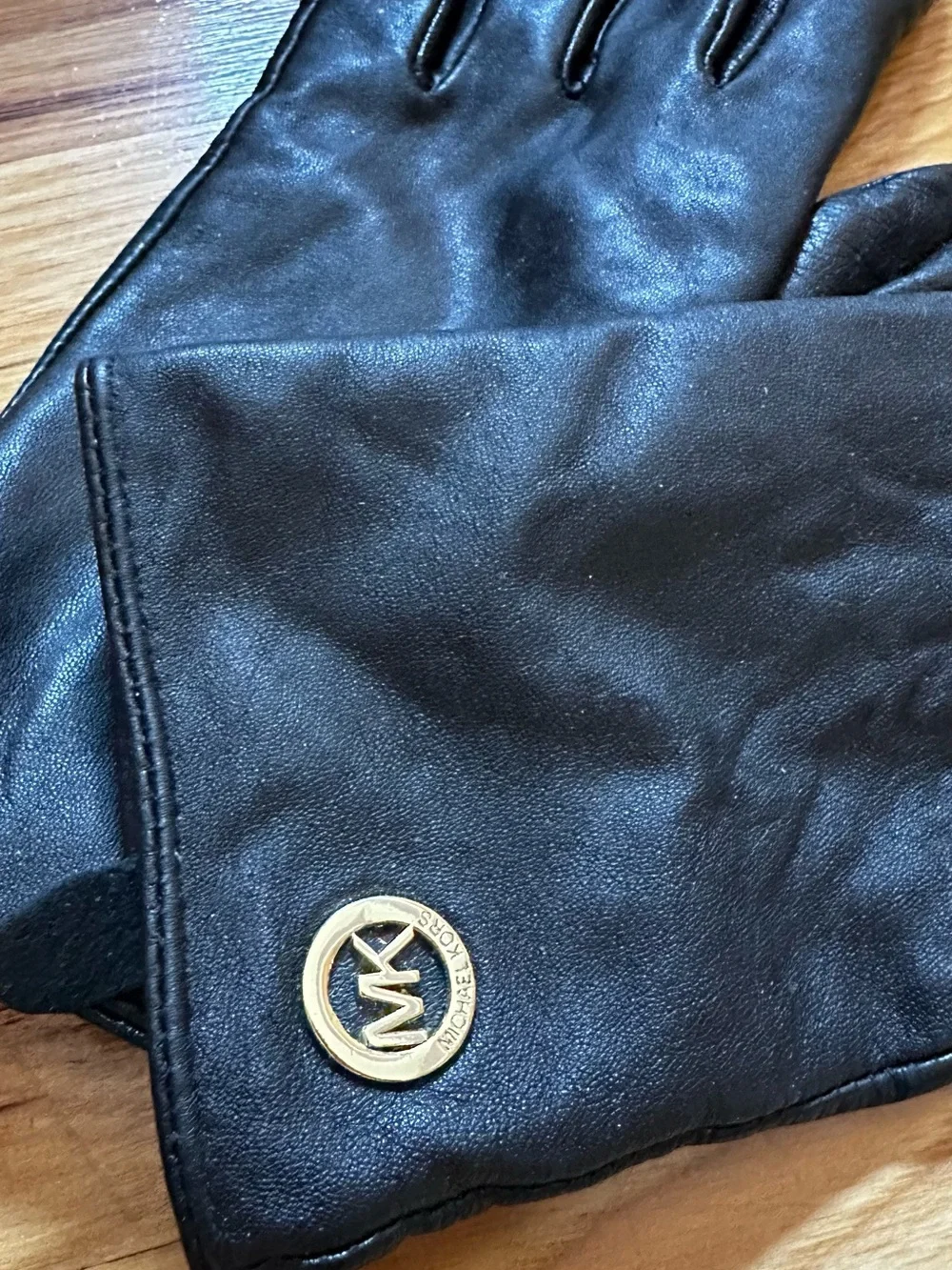 Michael Kors Black Leather Gloves with Gold MK Emblem